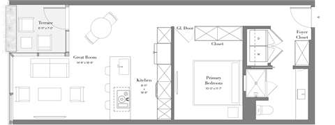 Floor plan for studio, 1 bath, 714 sqft